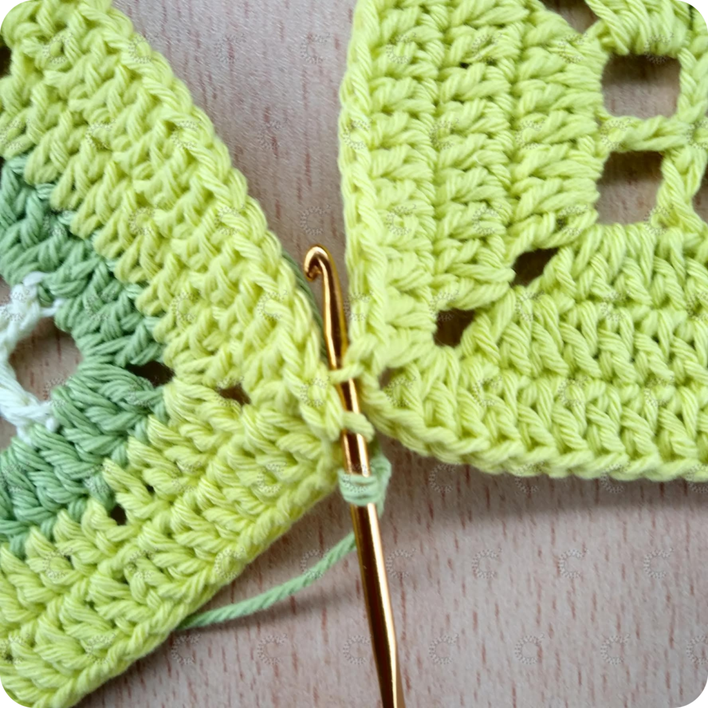 Aguja de crochet uniendo las lazadas externas de las cadenas del ángulo en dos cuadrados al crochet