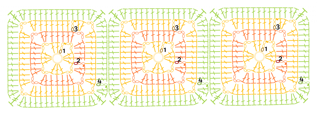 Tres diagramas de granny square ubicados para su unión en la bolsa de compras plegable al crochet