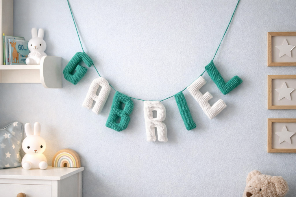 Guirnalda de letras amigurumi al crochet decorando una habitación infantil, aportando calidez y estilo artesanal