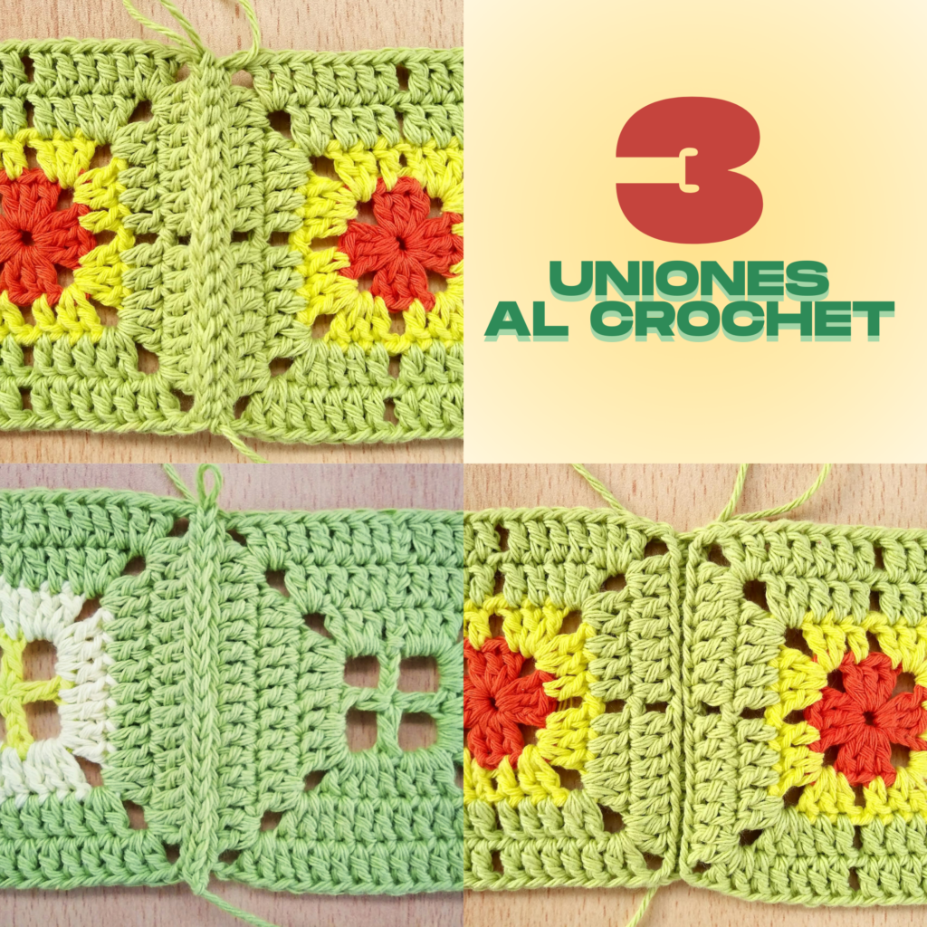 Collage con distintas variantes de unión de cuadrados al crochet realizadas con aguja de crochet y punto enano